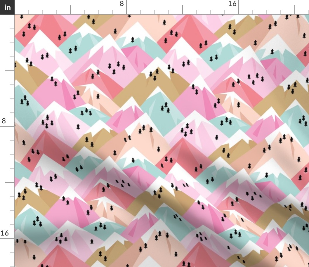 Abstract geometric winter snow topped mountains minimal climbing theme colorful pink pastels girls