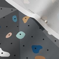 Climbing lovers bouldering gym wall with hold and boulders colorful blue boys
