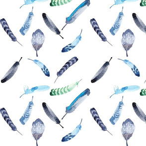 Blue feathers in watercolor small white from Anines Atelier. Bohemian chic for boys room decor