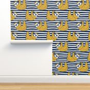Small scale // Friendly Geometric Sloths // background with navy blue stripes yellow animals