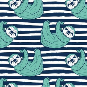 Small scale // Friendly Geometric Sloths // background with navy blue stripes spearmint animals