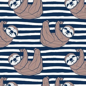 Small scale // Friendly Geometric Sloths // background with navy blue stripes taupe animals