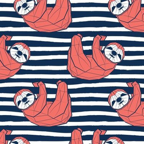 Small scale // Friendly Geometric Sloths // background with navy blue stripes coral animals