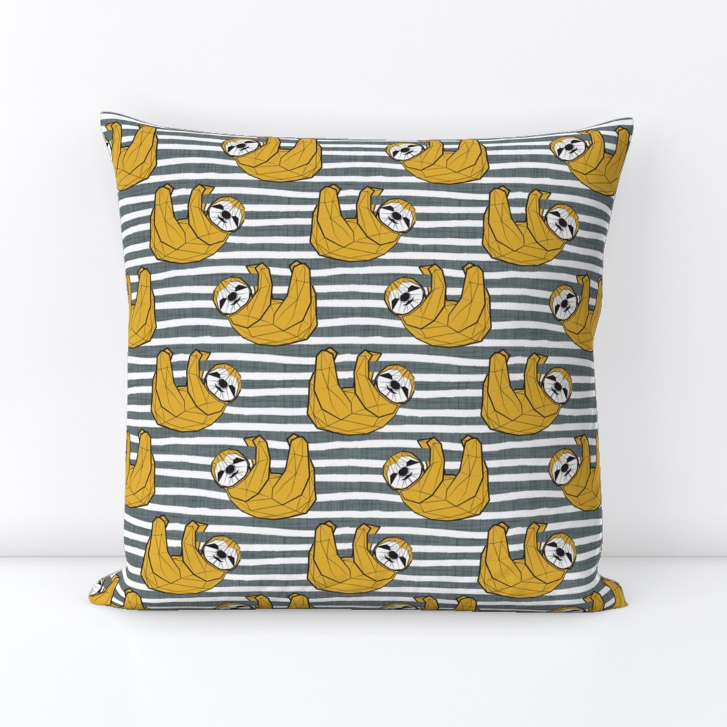 Small scale // Friendly Geometric Sloths // background with green linen texture stripes yellow animals