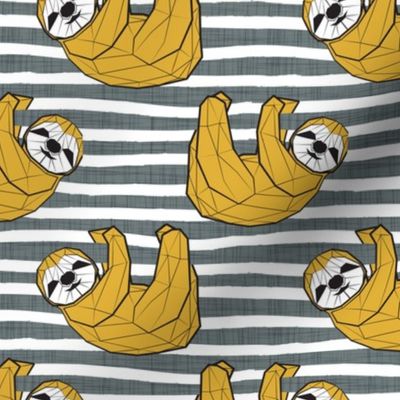 Small scale // Friendly Geometric Sloths // background with green linen texture stripes yellow animals