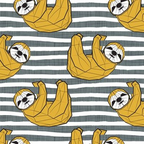 Small scale // Friendly Geometric Sloths // background with green linen texture stripes yellow animals