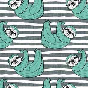 Small scale // Friendly Geometric Sloths // background with green linen texture stripes spearmint animals