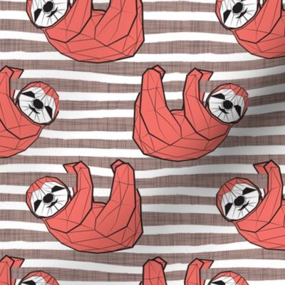 Small scale // Friendly Geometric Sloths // background with taupe linen texture stripes coral animals