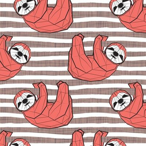 Small scale // Friendly Geometric Sloths // background with taupe linen texture stripes coral animals