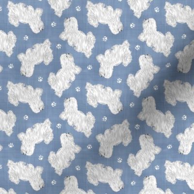 Tiny Trotting Coton de Tulear and paw prints - faux denim