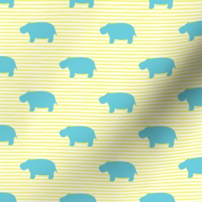 hippos - hippopotamus cute - blue on yellow stripes - LAD19