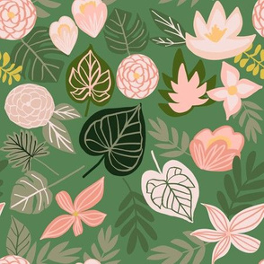 Late Summer Tropical Floral + Leaves on Soft Green 