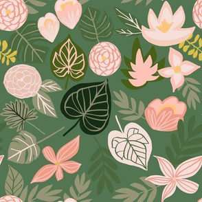 Late Summer Tropical Floral + Leaves on Dark Green 
