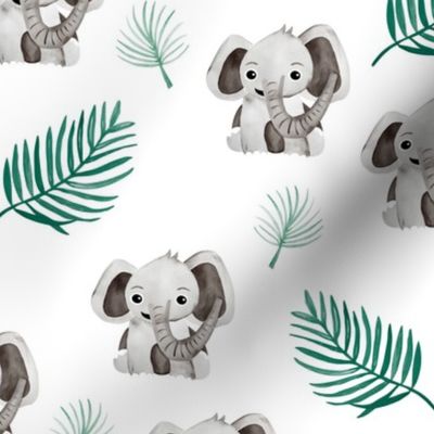 Little elephant friends adorable boho style kawaii nursery print fresh spring summer green gray on white neutral