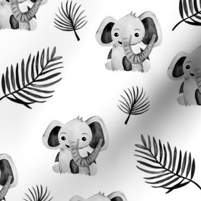 Little elephant friends adorable boho style kawaii nursery print winter monochrome black and white