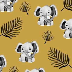 Little elephant friends adorable boho style kawaii nursery print dark fall yellow ochre