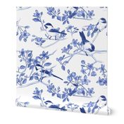 Chickadees in Blossoms Blue Vase