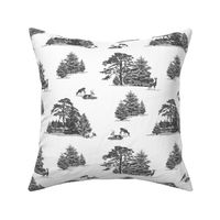 Evergreens with animals in greys