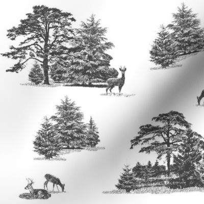 Evergreens with animals in greys