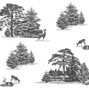 Evergreens with animals in greys