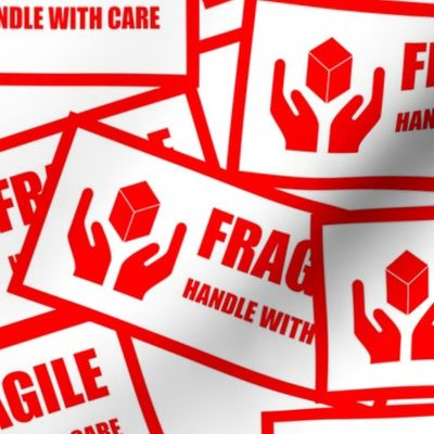 18 fragile handle with care hands package delivery postage shipping shipment cargo mailing hands boxes stickers labels red white background words pop art culture vintage retro current affairs strong message statement sign symbols monochromatic delicate he