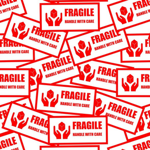 18 fragile handle with care hands package delivery postage shipping shipment cargo mailing hands boxes stickers labels red white background words pop art culture vintage retro current affairs strong message statement sign symbols monochromatic delicate he