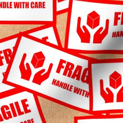 17 fragile handle with care hands package delivery postage shipping shipment cargo mailing cardboard box hands boxes stickers labels red brown white background words pop art culture vintage retro current affairs strong message statement sign symbols monoc