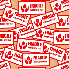 17 fragile handle with care hands package delivery postage shipping shipment cargo mailing cardboard box hands boxes stickers labels red brown white background words pop art culture vintage retro current affairs strong message statement sign symbols monoc