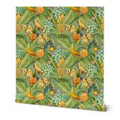 10" Pierre-Joseph Redouté tropicals Lush tropical vintage Jungle blossoms summer bird paradise in sunny orange