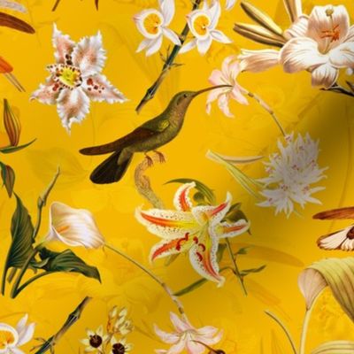 10"  Pierre-Joseph Redouté Lush colorful hummingbirds tropicals exotic vintage Jungle summer paradise in sunny yellow