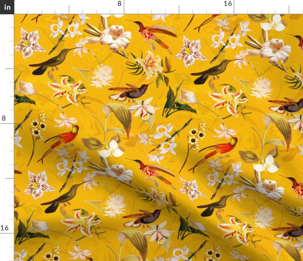 10"  Pierre-Joseph Redouté Lush colorful hummingbirds tropicals exotic vintage Jungle summer paradise in sunny yellow