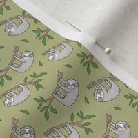 Sloth Sloths on Tree Branch with Leaves on Light Olive Green Tiny Small 