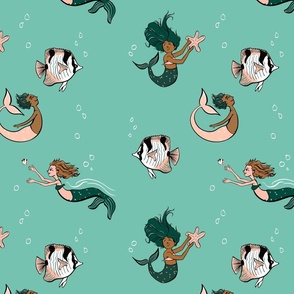 Mermaids and Mermen Under the Sea with Fish