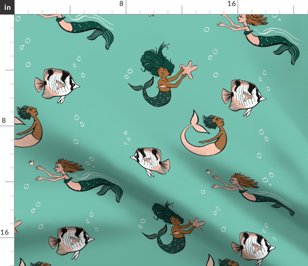 Mermaids and Mermen Under the Sea with Fish