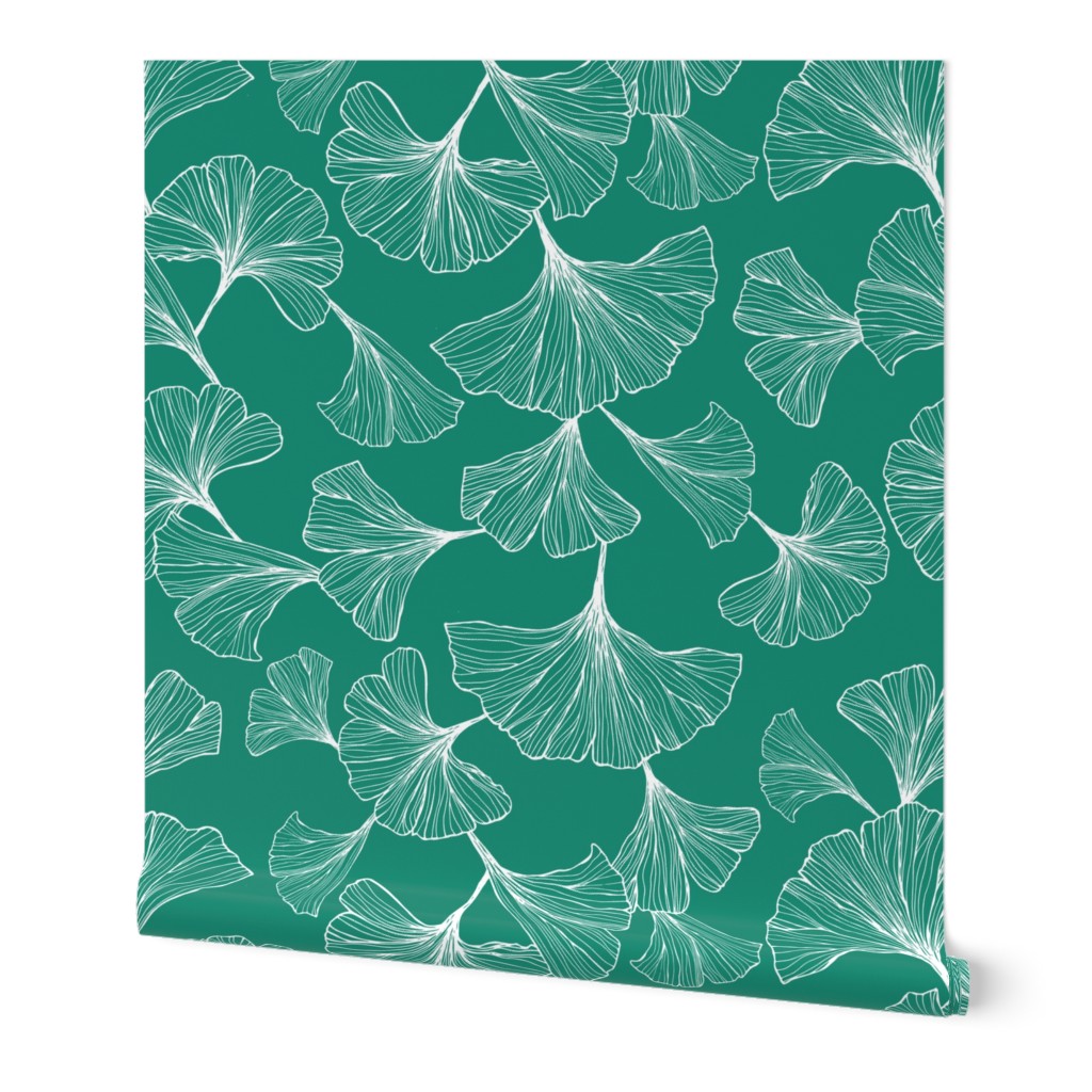 Ginkgo Leaves Large Scale - teal and white