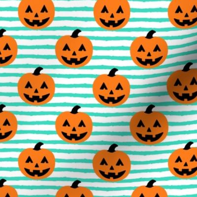 Jack-o'-lantern - halloween pumpkins - teal stripes - LAD19