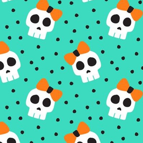 skulls with bows - halloween - teal - LAD19