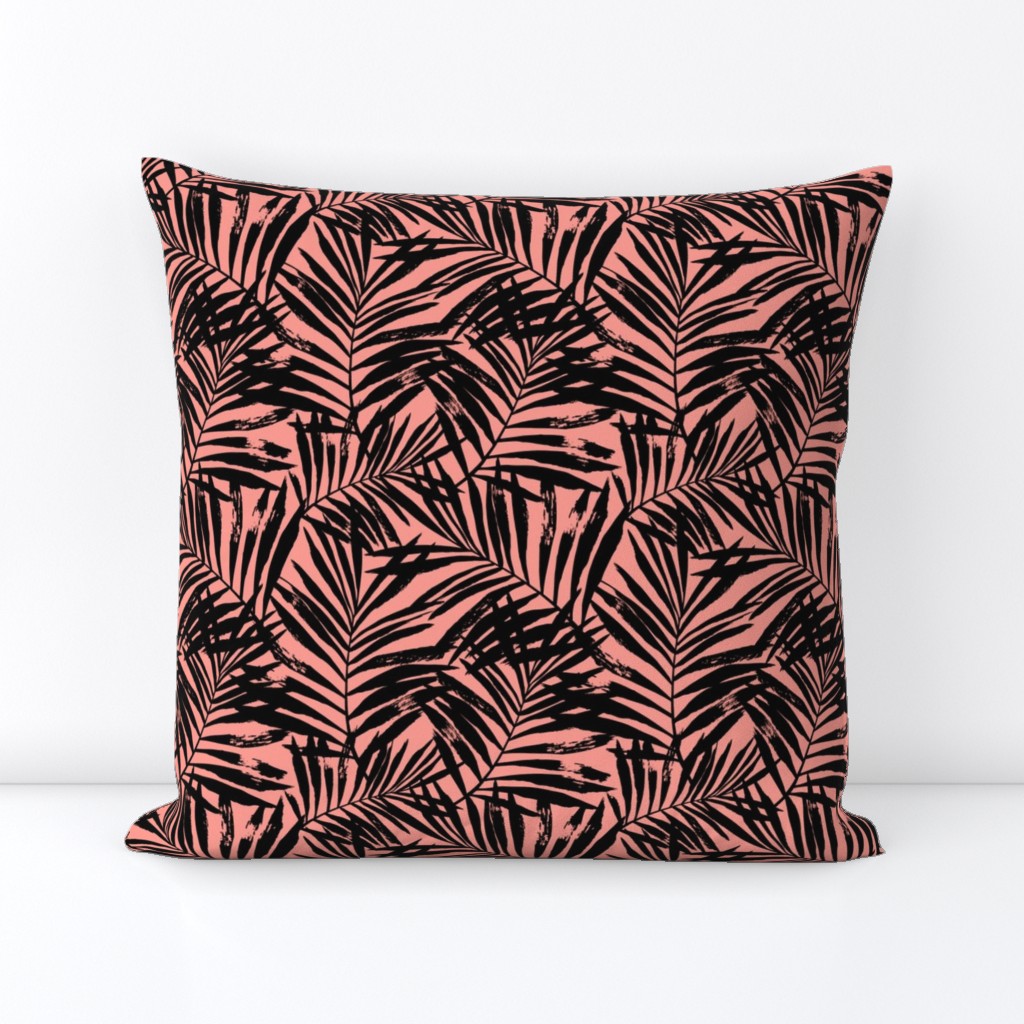 Brush palm leaves – black on bright coral