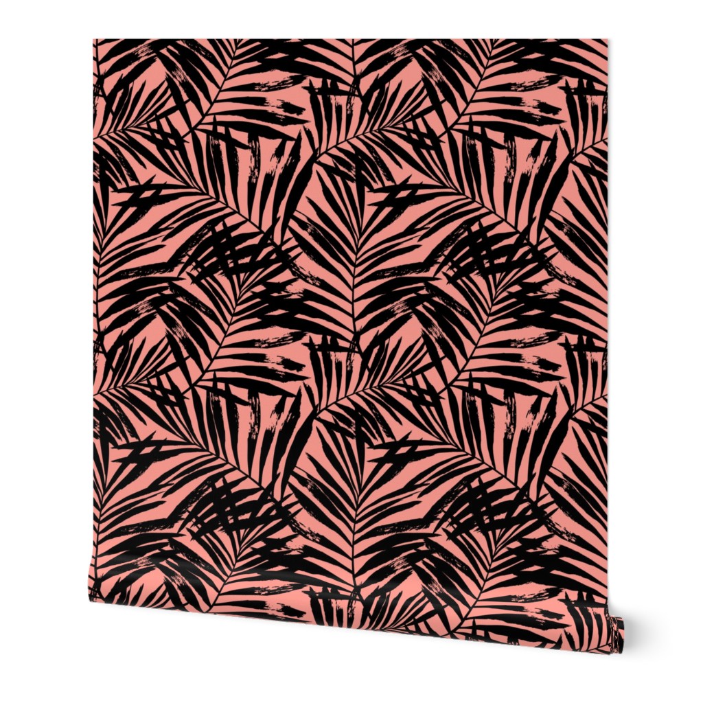 Brush palm leaves – black on bright coral