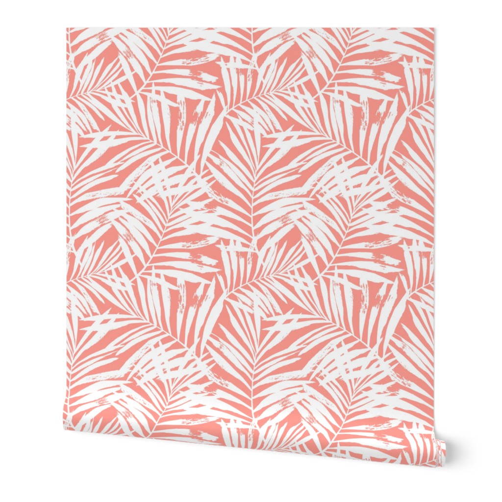 Brush palm leaves – white on bright coral
