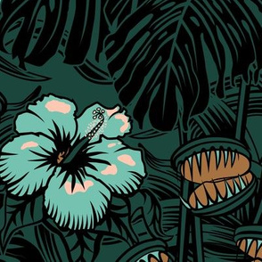 ★ TROPICAL NIGHT Limited Palette ★ Carnivorous Plant, Hibiscus & Monstera / Mint + Rose + Bronze + Forest, Large Scale / Collection : It’s a Jungle Out There – Savage Hawaiian Prints