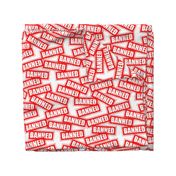 14 ban banned prohibited outlawed embargo removed rubber stamp red ink pad white background chop grunge distressed words seal pop art culture vintage retro current affairs strong message statement sign label symbols monochromatic   