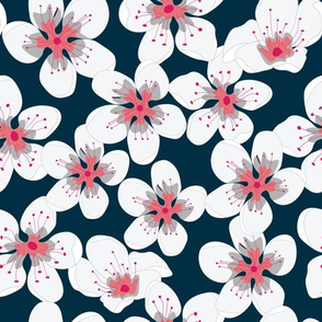 Coral White Flowers onn Navy Seamless Pattern