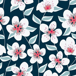 Coral and White Flowers On Blue Seamless Pattern