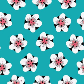 Coral and White Flowers on Teal Green