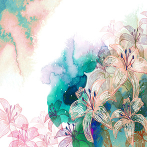 Watercolor Lillies in Turquoise and Pink