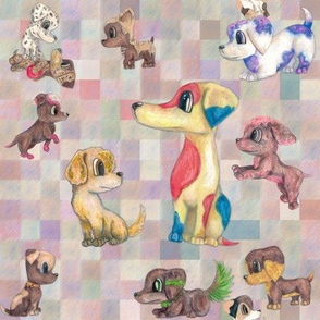 9x9-Inch Half-Drop Repeat of Playful Pups On Plaid Checks