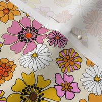 seventies floral fabric, 70s floral fabric, 70s daisies, pink, yellow, mustard florals fabric - cream