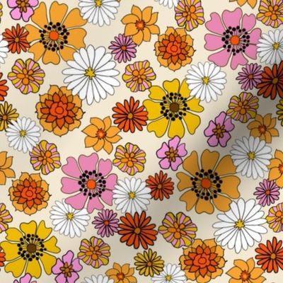 seventies floral fabric, 70s floral fabric, 70s daisies, pink, yellow, mustard florals fabric - cream