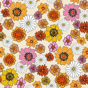 seventies floral fabric, 70s floral fabric, 70s daisies, pink, yellow, mustard florals fabric - cream